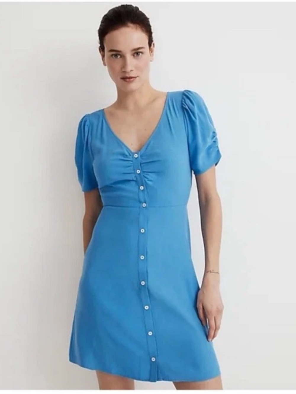 Madewell Retro Button down puffed short sleeve blue mini dress women’s Sz 8